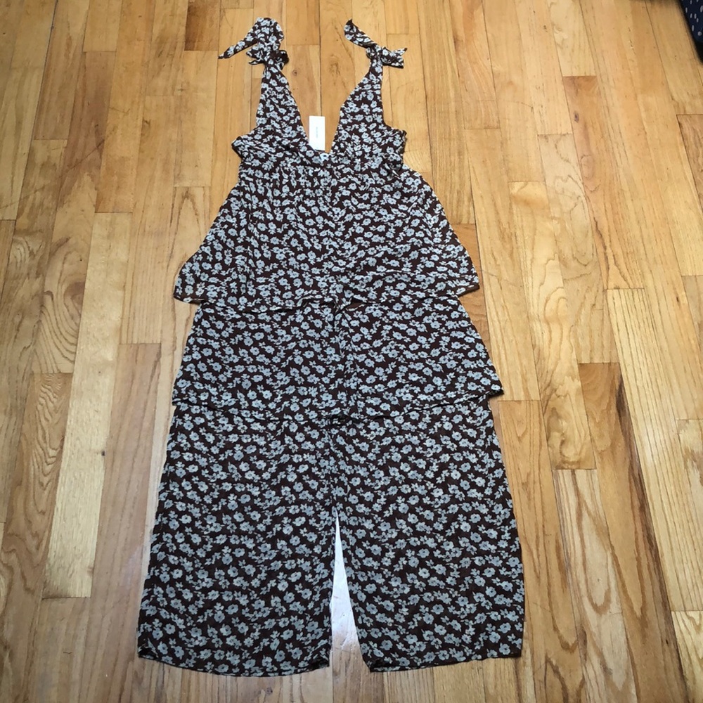 Urban Outfitters brown retro chiffon jumpsuit.